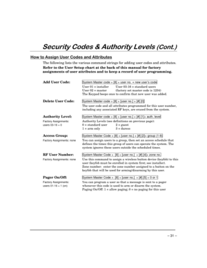 Page 31 
– 31 – 

*
,	
+
 
3)



	




	0

The following lists the various command strings for adding user codes and attributes.  
Refer to the User Setup chart at the back of this manual for factory 
assignments of user attributes and to keep a record of user programming. 
 
 
Add User Code:  System Master code + [8] + user no. + 
new user’s code 
       User 01 = installer  User 03-16 = standard users
 
    User 02 = master  (factory set master code...