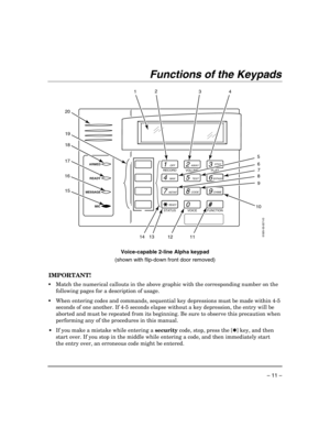 Page 11 
– 11 – 
Functions of the Keypads 
 
1OFF
4MAX
7INSTANT
READY
2AWAY
5TEST
8CODE
03
STAY
6BYPASS
9CHIME
#
ARMED
READY
6160V-00-007-V0
MESSAGE
MICRECORD
VOLUME
PLAY
STATUS
VOICE
FUNCTION
12111087
9
132
34
6 5 1
18
17
16
15
14
20
19
 
 
Voice-capable 2-line Alpha keypad 
(shown with flip-down front door removed) 
 
IMPORTANT!  
 Match the numerical callouts in the above graphic with the corresponding number on the 
following pages for a description of usage. 
 When entering codes and commands, sequential...