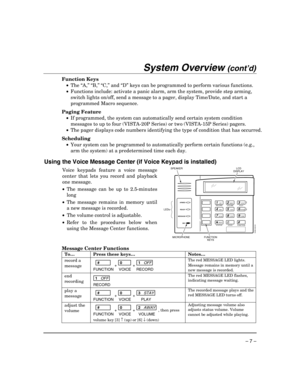 Page 7 
– 7 – 
System Overview (cont’d)  
Function Keys 
 •  The “A,” “B,” “C,” and “D” keys can be programmed to perform various functions. 
  •  Functions include: activate a panic alarm, arm the system, provide step arming, 
switch lights on/off, send a message to a pager, display Time/Date, and start a 
programmed Macro sequence. 
 
Paging Feature 
 •  If programmed, the system can automatically send certain system condition 
messages to up to four (VISTA-20P Series) or two (VISTA-15P Series) pagers.  
 •...