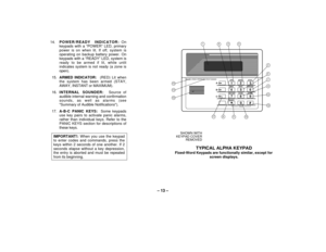 Page 13– 13 –
14.POWER/READY INDICATOR: On
keypads with a “POWER” LED, primary
power is on when lit. If off, system is
operating on backup battery power. On
keypads with a “READY” LED, system is
ready to be armed if lit, while unlit
indicates system is not ready (a zone is
open).
15.ARMED INDICATOR:  (RED) Lit when
the system has been armed (STAY,
AWAY, INSTANT or MAXIMUM).
16.INTERNAL SOUNDER:  Source of
audible internal warning and confirmation
sounds, as well as alarms (see
Summary of Audible...