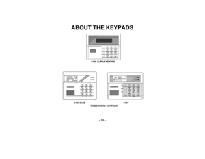 Page 10– 10 –
ABOUT THE KEYPADS
READY
ARMED
PANIC
OFF AWAY STAYMAX TEST BYPASSINSTANT CODE CHIMEREADY1
2
36 5 4
89 70
*
#
ARMEDREADY
PANIC
OFF AWAY STAYMAX TEST BYPASSINSTANT CODE CHIMEREADY1
2
36 5 4
89 70
*
#
ALARM
CHECK
FIREAWAY
STAY
INSTANT
BYPASSNO AC
CHIME
BAT
NOT READY
ARMED
READY
ABC
00ALARM
FIRE
AWAYBYPASSSTAYCHECK   INSTANTNO AC
NOT READY
CHIME   BAT
OFF AWAY STAY
MAX TEST BYPASS
INSTANT CODE CHIME
READY
PANIC12 3
456*
9 8
7
# 0
6139 ALPHA KEYPAD
6127/6128 6137FIXED-WORD KEYPADS 