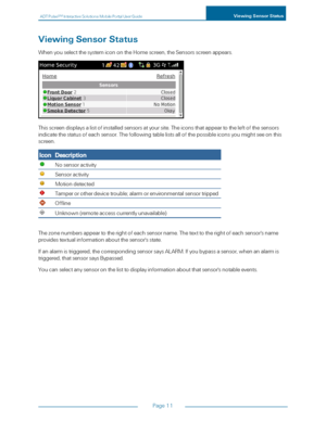 Page 17ADTPulseS MInteractiveSolutionsMobilePortalUserGuideViewingSensorStatus
Page11
ViewingSensorStatus
WhenyouselectthesystemiconontheHomescreen,theSensorsscreenappears.
Thisscreendisplaysalistofinstalledsensorsatyoursite.Theiconsthatappeartotheleftofthesensors
indicatethestatusofeachsensor.Thefollowingtablelistsallofthepossibleiconsyoumightseeonthis
screen.
IconDescription
Nosensoractivity
Sensoractivity
Motiondetected
Tamperorotherdevicetrouble;alarmorenvironmentalsensortripped
Offline...