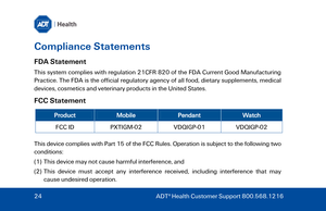 Page 24Compliance Statements 
FDA Statement 
This system complies with regulation 21CFR 820 of the FDA Current Good Manufacturing 
Practice. The FDA is the official regulatory agency of all food, dietary supplements, medical 
devices, cosmetics and veterinary produ cts in the United States. 
FCC Statement 
Product Mobile Pendant Watch 
FCC ID  PXTIGM-02  VDQIGP-01   VDQIGP-02  
T

his device complies with Part 15 of the FCC Rules. Operation is subject to the following two 
conditions:  
(1)  This device may not...