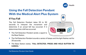 Page 11Using the Fall Detection Pendant  
With  the Medical Alert Plus System  
If You Fall  
The Fall Detection P endant takes 20 to 30 
seconds to interpret the movement and 
determine if an actual fall has occurred. If it 
determines that a fall has occurred:   
   The  Fall Detection P endant sends a signal to 
the  Base Station . 
   The  Fall Detection P endant sounds a series of beeps and the light flashes red for 
20 seconds. 
   The  Base Station  state s,  “FALL DETECTED, PRESS AND HOLD BUTTON TO...