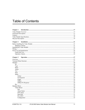 Page 1161200773L1-1A ATLAS 800 Series Video Module User Manual 11
Table of Contents
Chapter 1 Introduction .................................................................................................................................17
Video Module Overview .......................................................................................................................................17
Functional Description...