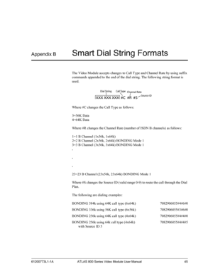 Page 4561200773L1-1A ATLAS 800 Series Video Module User Manual 45
Appendix BSmart Dial String Formats
The Video Module accepts changes to Call Type and Channel Rate by using suffix 
commands appended to the end of the dial string. The following string format is 
used.
Where #C changes the Call Type as follows:
3=56K Data
4=64K Data
Where #R changes the Channel Rate (number of ISDN B channels) as follows:
1=1 B Channel (1x56k, 1x64k)
2=2 B Channel (2x56k, 2x64k) BONDING Mode 1
3=3 B Channel (3x56k, 3x64k)...