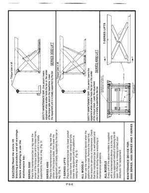 Page 21Fig. 4 
Fig. 3 
ALL MODELS 
Never use the safety maintenance bar when the 
platform has a load. Remove the load first, then 
brace for service or maintenance. Check that the 
safety bar is well seated and remains so during 
heavy wrenching or maintenance operations. CAUTION! Read the entire lift blocking procedure and all warnings before 
attempting to use the maintenance bar. SERIES 3000 Place the maintenance bar or leg near the center 
of the torque tube and on the base frame, then 
lower the equipment...