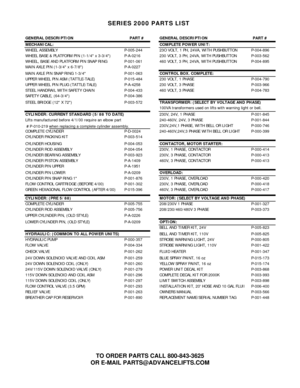 Page 52 
 
SERIES 2000 PARTS LIST 
 
GENERAL DESCRIPTION PART # GENERAL DESCRIPTION PART #
MECHANICAL: COMPLETE POWER UNIT:
WHEEL ASSEMBL
YP-005-244 23O VOLT, 1 PH, 24VA, WITH PUSHBUTTON P-004-896
WHEEL BASE & PLATFORM PIN (1-1/4 x 3-3/4) P-A-0216 230 VOLT, 3 PH, 24VA, WITH PUSHBUTTON P-003-562
WHEEL, BASE AND PLATFORM PIN SNAP RING P-001-061 460 VOLT, 3 PH, 24VA, WITH PUSHBUTTON P-004-895
MAIN AXLE PIN (1-3/4 x 6-7/8) P-A-0227
MAIN AXLE PIN SNAP RING 1-3/4 P-001-063CONTROL BOX. COMPLETE:
UPPER WHEEL PIN ASM...