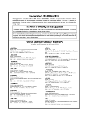 Page 107Declaration of EC Directive
This equipment is compatible with the EMC Directive (89/336/EEC) - Directive on approximation of member nations
ordinance concerning the electromagnetic compatibility and with the Low Voltage Directive (73/23/EEC) - Directive on
approximation of member nations ordinance concerning electric equipment designed to be used within the specified
voltage range.
The Affect of Immunity on This Equipment
FOSTEX DISTRIBUTORS LIST IN EUROPE
* Including non-EU countries (as of October,...