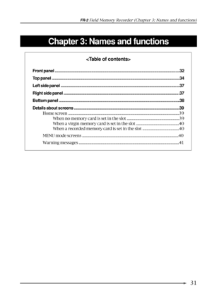 Page 31FR-2 Field Memory Recorder (Chapter 3: Names and functions)
31
Chapter 3: Names and functions

Front panel .......................................................................................................................32
Top panel ..........................................................................................................................34
Left side panel ..................................................................................................................37
Right side...