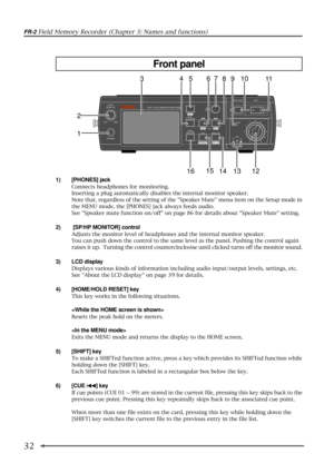 Page 32FR-2 Field Memory Recorder (Chapter 3: Names and functions)
32
Front panel
REC STBY REC
0 1 2346
7
8
9
10 5
ACCESS
PEAK
R L
SHIFT/ENTER
RELEASECARD
MENU
HOME /
FILECUE
PREV.
NEXT
CONTRASTDEL CUE LIGHT MARK CUE HOLD RESETFR-2  FIELD MEMORY RECORDER
PHONES MONITOR
MAX OFFSP/HP1 2345 67
8910
11
12 13 14 15
16
1) [PHONES] jack
Connects headphones for monitoring.
Inserting a plug automatically disables the internal monitor speaker.
Note that, regardless of the setting of the Speaker Mute menu item on the...