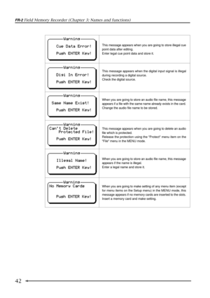 Page 42FR-2 Field Memory Recorder (Chapter 3: Names and functions)
42
This message appears when you are going to store illegal cue
point data after editing.
Enter legal cue point data and store it.
This message appears when the digital input signal is illegal
during recording a digital source.
Check the digital source.
When you are going to store an audio file name, this message
appears if a file with the same name already exists in the card.
Change the audio file name to be stored.
This message appears when...