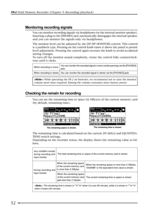 Page 5252
FR-2 Field Memory Recorder (Chapter 5: Recording/playback)
You can monitor recording signals via headphones (or the internal monitor speaker).
Inserting a plug to the [PHONES] jack automatically disengages the internal speaker,
and you can monitor the signals only via headphones.
The monitor level can be adjusted by the [SP/HP MONITOR] control. This control
is a pushlock type. Pressing on the control knob raises it above the panel to permit
level adjustment. Pressing the control again recesses the...