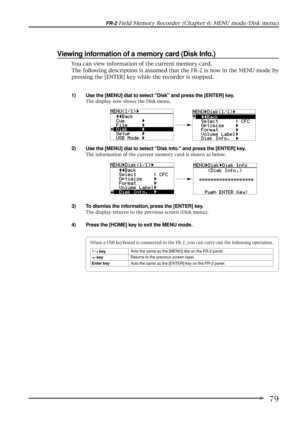 Page 7979
FR-2 Field Memory Recorder (Chapter 6: MENU mode/Disk menu)
Viewing information of a memory card (Disk Info.)
3) To dismiss the information, press the [ENTER] key.
The display returns to the previous screen (Disk menu).
4) Press the [HOME] key to exit the MENU mode. 1) Use the [MENU] dial to select Disk and press the [ENTER] key.
The display now shows the Disk menu.
2) Use the [MENU] dial to select Disk Info. and press the [ENTER] key.
The information of the current memory card is shown as below.
You...