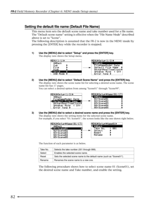 Page 8282
FR-2 Field Memory Recorder (Chapter 6: MENU mode/Setup menu)
Setting the default file name (Default File Name)
1) Use the [MENU] dial to select Setup and press the [ENTER] key.
The display now shows the Setup menu.
2) Use the [MENU] dial to select Default Scene Name and press the [ENTER] key.
The display now shows the scene name list for selecting a desired scene name. The scene
name list has 17 pages.
You can select a desired option from among Scene01 through Scene99.
3) Use the [MENU] dial to select...