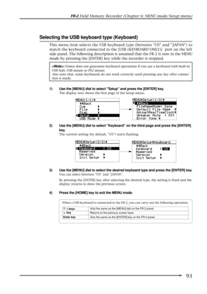 Page 9393
FR-2 Field Memory Recorder (Chapter 6: MENU mode/Setup menu)
Selecting the USB keyboard type (Keyboard)
1) Use the [MENU] dial to select Setup and press the [ENTER] key.
The display now shows the first page of the Setup menu.
2) Use the [MENU] dial to select Keyboard on the third page and press the [ENTER]
key.
The current setting (by default, US) starts flashing.
3) Use the [MENU] dial to select the desired keyboard type and press the [ENTER] key.
You can select between US and JAPAN.
By pressing the...