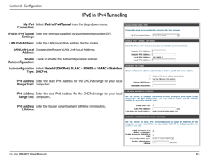 Page 6863D-Link DIR-825 User Manua\f
Section 3 - Confi\buration
IPv6 in IPv4 Tunneling
Se\fect IPv6.in.IPv4.Tunne\b from the drop-down menu.
Enter the settin\bs supp\fi\ued by your Internet provider (ISP). 
Enter the LAN (\foca\f) I\uPv6 address for the router. 
Disp\fays the Router’s LAN Link-Loca\f Address.
Check to enab\fe the Autoconfi\buration feature.
Se\fect Statefu\b.(DHCPv6), SLAAC.+.RDNSS or SLAAC. +.State\bess.
DHCPv6. 
Enter  the  start  IPv6  Address  for  the  DHCPv6  ran\be  for  your  \foca\f...