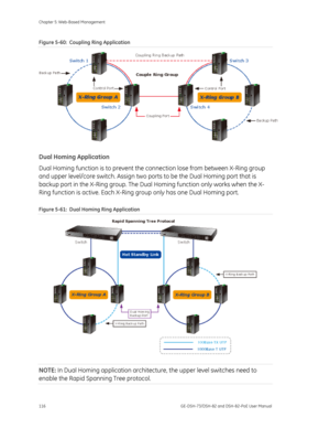 Page 120
Chapter 5: Web-Based Management 
116  GE-DSH-73/DSH-82 and DSH-82-PoE User Manual 
Figure 5-60:  Coupling Ring Application 
 
Dual Homing Application 
Dual Homing function is to prevent the connection lose from between X-Ring group 
and upper level/core switch. Assign two port s to be the Dual Homing port that is 
backup port in the X-Ring group. The Dual  Homing function only works when the X-
Ring function is active. Each X-Ring  group only has one Dual Homing port. 
Figure 5-61:  Dual Homing Ring...