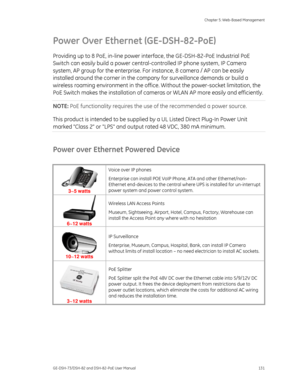 Page 135
 Chapter 5: Web-Based Management 
GE-DSH-73/DSH-82 and DSH-82-PoE User Manual  131 
Power Over Ethernet (GE-DSH-82-PoE) 
Providing up to 8 PoE, in-line power inte rface, the GE-DSH-82-PoE Industrial PoE 
Switch can easily build a power central- controlled IP phone system, IP Camera 
system, AP group for the enterprise. For  instance, 8 camera / AP can be easily 
installed around the corner in the com pany for surveillance demands or build a 
wireless roaming environment in the office.  Without the...