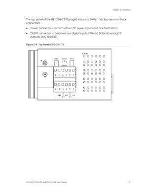 Page 21
 Chapter 2: Installation 
GE-DSH-73/DSH-82 and DSH-82-PoE User Manual  17 
The top panel of the GE-DSH-73 Managed Industrial Switch has two terminal block 
connectors: 
•  Power connector - consists of two DC  power inputs and one fault alarm. 
•  DI/DO connector - comprises two digital inputs-DI0 and DI1and two digita\
l 
outputs-DO0 and DO1. 
Figure 2-9 :  Top Panel of GE-DSH-73  
 
 
 
 
 
 
 
 
 
  