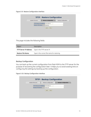 Page 57
 Chapter 5: Web-Based Management 
GE-DSH-73/DSH-82 and DSH-82-PoE User Manual  53 
Figure 5-9:  Restore Configuration interface 
 
This page includes the following fields: 
 
Object Description 
TFTP Server IP Address:  Type in the TFTP server IP. 
Restore File Name: Type in the correct file name for restoring. 
 
Backup Configuration 
You can back up the current configuration fr om flash ROM to the TFTP server for the 
purpose of recovering the configuration late r. It helps you to avoid wasting time...