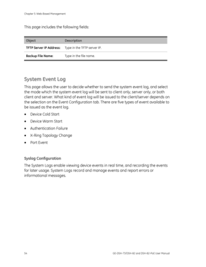 Page 58
Chapter 5: Web-Based Management 
54  GE-DSH-73/DSH-82 and DSH-82-PoE User Manual 
This page includes the following fields: 
 
Object Description 
TFTP Server IP Address: Type in the TFTP server IP. 
Backup File Name: Type in the file name. 
 
System Event Log 
This page allows the user to decide whethe r to send the system event log, and select 
the mode which the system event log will be se nt to client only, server only, or both 
client and server. What kind of event log will  be issued to the...