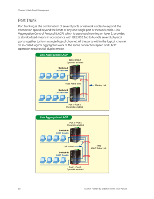 Page 72
Chapter 5: Web-Based Management 
68  GE-DSH-73/DSH-82 and DSH-82-PoE User Manual 
Port Trunk 
Port trunking is the combination of several ports or network cables to expand the 
connection speed beyond the limits of any  one single port or network cable. Link 
Aggregation Control Protocol (L ACP), which is a protocol running on layer 2, provides 
a standardized means in accordance with  IEEE 802.3ad to bundle several physical 
ports together to form a single logical cha nnel. All the ports within the...