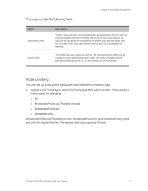 Page 79
 Chapter 5: Web-Based Management 
GE-DSH-73/DSH-82 and DSH-82-PoE User Manual  75 
This page includes the following fields: 
 
Object Description 
Destination Port:  There is only one port can be selected
 to be destination (mirror) port for 
monitoring both RX and TX traffic which come from source port. Or, 
use one of two ports for monitoring RX traffic only and the other one 
for TX traffic only. User can connect mirror port to LAN analyzer or 
Netxray. 
Source Port:  The ports that user wants to...