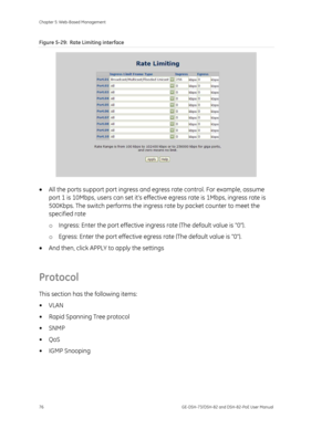 Page 80
Chapter 5: Web-Based Management 
76  GE-DSH-73/DSH-82 and DSH-82-PoE User Manual 
Figure 5-29:  Rate Limiting interface 
 
• All the ports support port ingress and eg ress rate control. For example, assume 
port 1 is 10Mbps, users can set its effecti ve egress rate is 1Mbps, ingress rate is 
500Kbps. The switch performs the ingress  rate by packet counter to meet the 
specified rate 
o  Ingress: Enter the port effective ingr ess rate (The default value is 0). 
o  Egress: Enter the port effective egre ss...