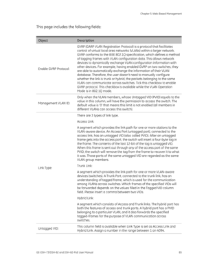 Page 89
 Chapter 5: Web-Based Management 
GE-DSH-73/DSH-82 and DSH-82-PoE User Manual  85 
This page includes the following fields: 
 
Object Description 
Enable GVRP Protocol:  GVRP (GARP VLAN Registration Protocol) is a protocol that facilitates 
control of virtual local area networks (VLANs) within a larger network. 
GVRP conforms to the IEEE 802.1Q sp
ecification, which defines a method 
of tagging frames with VLAN configuration data. This allows network 
devices to dynamically exchange VL AN configuration...