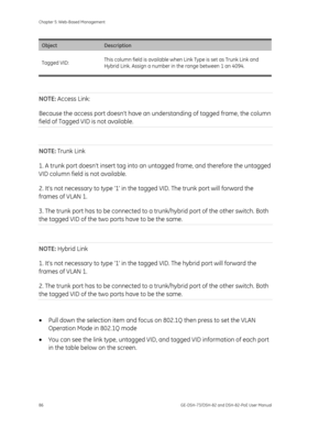 Page 90
Chapter 5: Web-Based Management 
86  GE-DSH-73/DSH-82 and DSH-82-PoE User Manual 
Object Description 
Tagged VID: This column field is available when 
Link Type is set as Trunk Link and 
Hybrid Link. Assign a number  in the range between 1 an 4094. 
 
NOTE: Access Link: 
Because the access port doesnt have an  understanding of tagged frame, the column 
field of Tagged VID is not available. 
 
NOTE:  Trunk Link 
1. A trunk port doesnt insert tag into an  untagged frame, and therefore the untagged 
VID...