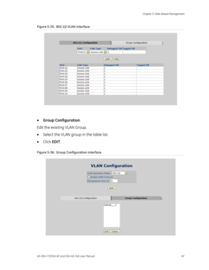 Page 91
 Chapter 5: Web-Based Management 
GE-DSH-73/DSH-82 and DSH-82-PoE User Manual  87 
Figure 5-35:  802.1Q VLAN interface 
 
 
•  Group Configuration 
Edit the existing VLAN Group. 
•  Select the VLAN group in the table list. 
•  Click  EDIT . 
Figure 5-36:  Group Configuration interface 
  