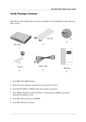 Page 15DSL-500 ADSL Router User’s Guide
7
Verify Package Contents
Open the box and carefully remove all items. In addition to this Installation Guide, make sure
that you have:
1
2
3
ADSL Cable
4
5
6
1. 
One DSL-500 ADSL Router
2. 
One AC power adapter suitable for your electric service
3. 
One RS-232 (DB-9 to DB-9) cable for console connection
4. 
One ADSL telephone cable with RJ-11 connectors for ADSL connection
(standard telephone wire)
5. 
One DSL-500 tool kit on CD-ROM
6. 
One DSL-500 User’s Guide 