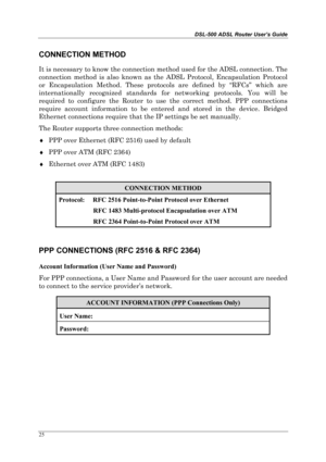 Page 20DSL-500 ADSL Router User’s Guide
25
CONNECTION METHOD
It is necessary to know the connection method used for the ADSL connection. The
connection method is also known as the ADSL Protocol, Encapsulation Protocol
or Encapsulation Method. These protocols are defined by “RFCs” which are
internationally recognized standards for networking protocols. You will be
required to configure the Router to use the correct method. PPP connections
require account information to be entered and stored in the device....