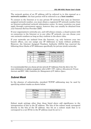 Page 68DSL-500 ADSL Router User’s Guide
73
The network portion of an IP address will be referred to in this manual as a
network number
; the host portion will be referred to as a host number
.
To connect to the Internet or to any private IP network that uses an Internet-
assigned network number, you must obtain a registered IP network number from
an Internet-authorized network information center. In many countries you must
apply through a government agency, however they can usually be obtained from
your...