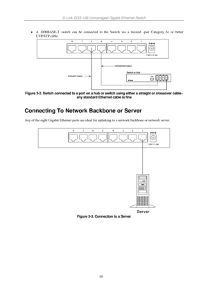 Page 17D-Link DGS-108 Unmanaged Gigabit Ethernet Switch 
10 
 A  1000BASE-T  switch  can  be  connected  to  the  Switch  via  a  twisted -pair  Category  5e  or  better 
UTP/STP cable.   
 
Figure 3-2. Switch connected to a port on a hub or switch using either a straight or crossover cable–
any standard Ethernet cable is fine 
 
Connecting To Network Backbone or Server 
Any of the eight Gigabit Ethernet ports are ideal for uplinking to a network backbone or network server.  
 
 
Figure 3-3. Connection to a...