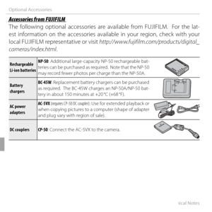 Page 116102Technical Notes
Optional Accessories
Accessories from FUJIFILMAccessories from FUJIFILM
The following optional accessories are available from FUJIFILM.  For the lat-
est information on the accessories available in your region, check with your 
local FUJIFILM representative or visit http://www.fujifilm.com/products/digital_
cameras/index.html.
Rechargeable Rechargeable Li-ion batteriesLi-ion batteries NP-50: Additional large-capacity NP-50 rechargeable bat-
teries can be purchased as required.  Note...
