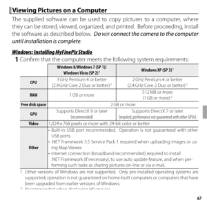 Page 8167Connections
 Viewing Pictures on a Computer Viewing Pictures on a Computer
The supplied software can be used to copy pictures to a computer, where 
they can be stored, viewed, organized, and printed.  Before proceeding, install 
the software as described below.  Do 
NOT connect the camera to the computer 
until installation is complete .
Windows: Installing MyFinePix StudioWindows: Installing MyFinePix Studio
 1  Confi rm that the computer meets the following system requirements:
Windows 8/Windows 7...