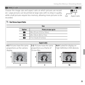 Page 8975Menus
Using the Menus: Shooting Mode
 O O IMAGE SIZE IMAGE SIZE((default: default: OO  4:3)4:3)
Choose the image size and aspect ratio at which pictures are record-
ed.  Large pictures can be printed at large sizes with no drop in quality, 
while small pictures require less memory, allowing more pictures to be 
recorded.
OO  4 : 34 : 3
Size Aspect ratio
  Size Versus Aspect Ratio  Size Versus Aspect Ratio
SizeSize
OptionOptionPrints at sizes up toPrints at sizes up to
OO 34 × 25 cm  (13.5 × 10 in.)...