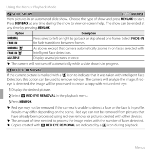 Page 10086Menus
Using the Menus: Playback Mode
 I I SLIDE SHOW SLIDE SHOW((default: default: MULTIPLE)MULTIPLE)
View pictures in an automated slide show.  Choose the type of show and press  MENU/OK to start.  
Press  DISP/BACK at any time during the show to view on-screen help.  The show can be ended at 
any time by pressing  MENU/OK.
OptionOptionDescriptionDescription
NORMAL Press selector left or right to go back or skip ahead one frame. Select FADE-IN 
for fade transitions between frames.
FADE-IN
NORMAL g As...