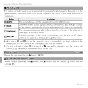 Page 10288Menus
Using the Menus: Shooting Mode
 F F FOCUS MODE FOCUS MODE
This option controls how the camera selects the focus area for photographs.  Regardless of the 
option selected, the camera will focus on the subject in the center of the frame when macro 
mode is on.
OptionOptionDescriptionDescription
rr  CENTER  CENTER The camera focuses on the subject in the center of the frame.
ss  MULTI  MULTIWhen the shutter button is pressed halfway, the camera detects high-contrast 
subjects near the center of the...