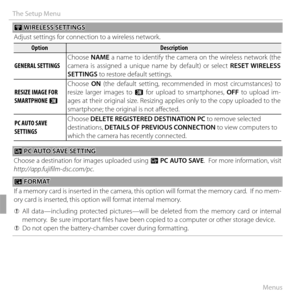 Page 122108Menus
The Setup Menu
 r r WIRELESS SETTINGS WIRELESS SETTINGS
Adjust settings for connection to a wireless network.
OptionOptionDescriptionDescription
GENERAL SETTINGSGENERAL SETTINGS Choose 
NAME a name to identify the camera on the wireless network (the 
camera is assigned a unique name by default) or select RESET WIRELESS 
SETTINGS to restore default settings.
RESIZE IMAGE FOR RESIZE IMAGE FOR SMARTPHONE SMARTPHONE HH Choose 
ON (the default setting, recommended in most circumstances) to 
resize...
