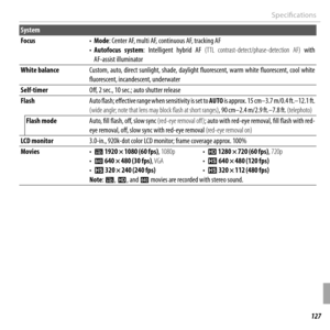 Page 141127Appendix
Specifi cations
System
 Focus Focus• • ModeMode: Center AF, multi AF, continuous AF, tracking AF: Center AF, multi AF, continuous AF, tracking AF• • Autofocus  systemAutofocus system:  Intelligent  hybrid  AF : Intelligent hybrid AF (TTL  contrast-detect/phase-detection  AF)(TTL contrast-detect/phase-detection AF)  with  with AF-assist illuminatorAF-assist illuminator
White balanceWhite balanceCustom,  auto,  direct  sunlight,  shade,  daylight  fl  uorescent,  warm  white  fl  uorescent,...