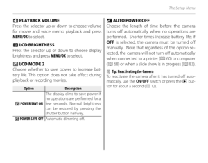 Page 11498
The Setup Menu
II PLAYBACK VOLUME PLAYBACK VOLUME
Press the selector up or down to choose volume 
for movie and voice memo playback and press 
MENU/OK  to select.
JJ LCD BRIGHTNESS LCD BRIGHTNESS
Press the selector up or down to choose display 
brightness and press  MENU/OK to select.
UU LCD MODE 2 LCD MODE 2
Choose whether to save power to increase bat-
tery life. This option does not take effect during 
playback or recording movies.
OptionOptionDescriptionDescription
U POWER SAVE ON The display dims...