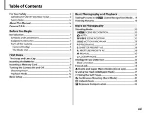 Page 13xiii
For Your Safety .......................................................................\
.......... iiIMPORTANT SAFETY INSTRUCTIONS ...................................... ii
Safety Notes ........................................................................\
............ iv
About This Manual .......................................................................\
.. ix
Camera Q & A .......................................................................\
.............. x
Before You BeginBefore You...