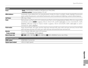 Page 135119
Appendix
Specifications
System
Focus • Mo
 de: CENTER/MULTI/AREA/CONTINUOUS/TRACKING
•  Autofocus system : Contrast-detect T TL AF
White balance Automatic scene detection; six manual preset modes for direct sunlight, shade, daylight fluorescent, 
warm white fluorescent, cool white fluorescent, and incandescent lighting; custom white balance
Self-timer Off, 2 sec, 10 sec
Flash Manual pop-up flash with CCD-metered auto flash control ( using monitor pre-flashes); effective range when 
sensitivity is set...