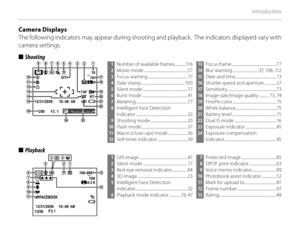 Page 204
Introduction
Camera DisplaysCamera Displays
The following indicators may appear during shooting and playback.  The indicators displayed vary with 
camera settings.
■■  Shooting Shooting
10 : 00  AM
1919DATEDATE
F3. 1
250
100NN
12/31/205012/31/2050
 13  Focus frame .................................................77
 14   Blur warning ............................ 37, 108, 112
 15   Date and time ............................................. 13
 16   Shutter speed and aperture .............27
 17...