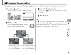 Page 6551
More on Photography
 d Exposure Compensation
Use exposure compensation when photographing very bright, very dark, or high-contrast subjects.
 1 Press the d button.
The exposure indicator will be displayed.
F3.3
P
1200
 Exposure  indicator
 2  Choose a value. Rotate the command dial.  The ef-
fect is visible in the display.
Choose negative values  to reduce exposure 
(“–” sign turns yellow)Choose positive values to  increase exposure 
(“+” sign turns yellow)
 3  Return to shooting mode. Press the d...