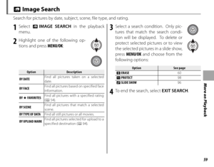Page 7359
More on Playback
 b Image Search
Search for pictures by date, subject, scene, file type, and rating.
1 Select b IMAGE SEARCH in the playback 
menu.
2  Highlight one of the following op- tions and press  MENU/OK:
OptionOptionDescriptionDescription
BY DATE Find all pictures taken on a selected 
date.
BY FACE Find all pictures based on specified face 
information.
BY  I FAVORITES Find all pictures with a specified rating 
(
P  54).
BY SCENE Find all pictures that match a selected 
scene.
BY TYPE OF DATA...