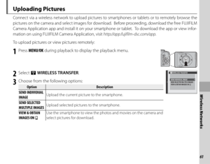 Page 7561
Wireless Networks
 Uploading  Pictures
Connect via a wireless network to upload pictures to smartphones or tablets or to remotely browse the 
pictures on the camera and select images for download.  Before proceeding, download the free FUJIFILM 
Camera Application app and install it on your smartphone or tablet.  To download the app or view infor-
mation on using FUJIFILM Camera Application, visit http://app.fujifilm-dsc.com/app.
To upload pictures or view pictures remotely:
1 Press MENU/OK  during...
